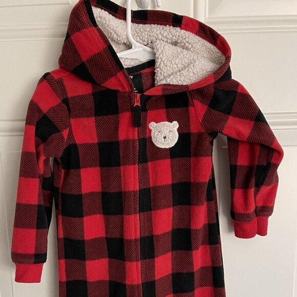 CARTERS Sz 24 Month Red Black Buffalo Plaid Hooded Zip Up Sleeper One Piece - Picture 1 of 7
